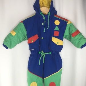 Vintage kids snowsuit retro green blue red yellow